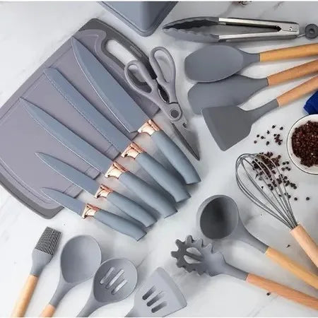 Jogo Completo com 19 peças de Utensílios para Cozinha Luxo Com Tábua em Silicone, Espátula, Faca e Tesoura