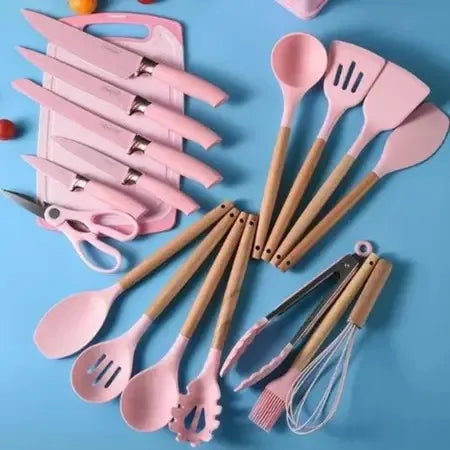 Jogo Completo com 19 peças de Utensílios para Cozinha Luxo Com Tábua em Silicone, Espátula, Faca e Tesoura