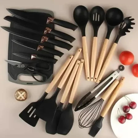 Jogo Completo com 19 peças de Utensílios para Cozinha Luxo Com Tábua em Silicone, Espátula, Faca e Tesoura