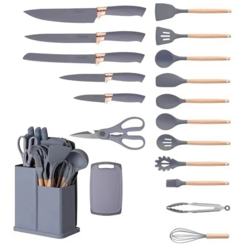 Jogo Completo com 19 peças de Utensílios para Cozinha Luxo Com Tábua em Silicone, Espátula, Faca e Tesoura