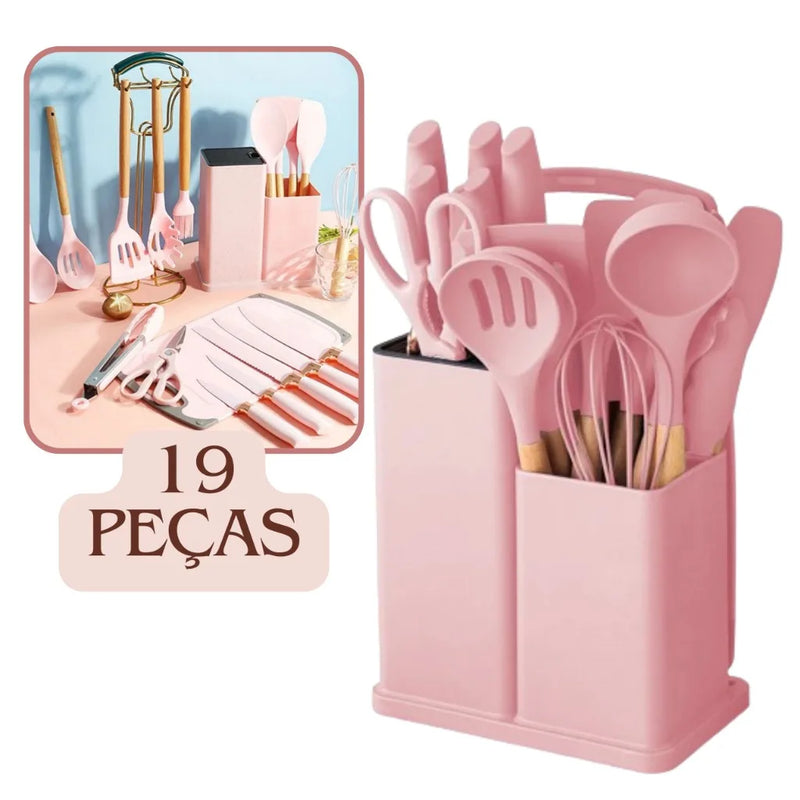 Jogo Completo com 19 peças de Utensílios para Cozinha Luxo Com Tábua em Silicone, Espátula, Faca e Tesoura