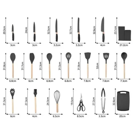 Jogo Completo com 19 peças de Utensílios para Cozinha Luxo Com Tábua em Silicone, Espátula, Faca e Tesoura