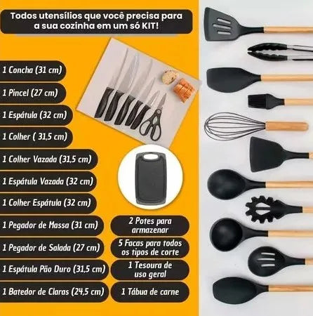 Jogo Completo com 19 peças de Utensílios para Cozinha Luxo Com Tábua em Silicone, Espátula, Faca e Tesoura