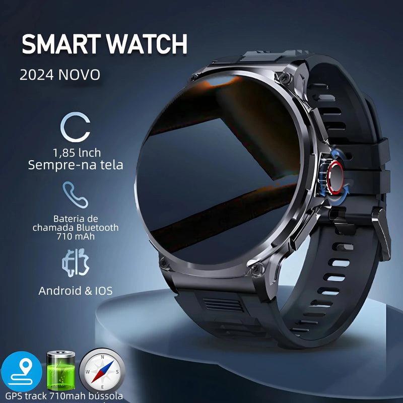 Relógio Inteligente Masculino com chamada Bluetooth 710mAh, Monitor Cardíaco HD de 1.85" à prova D'água para Android e IOS