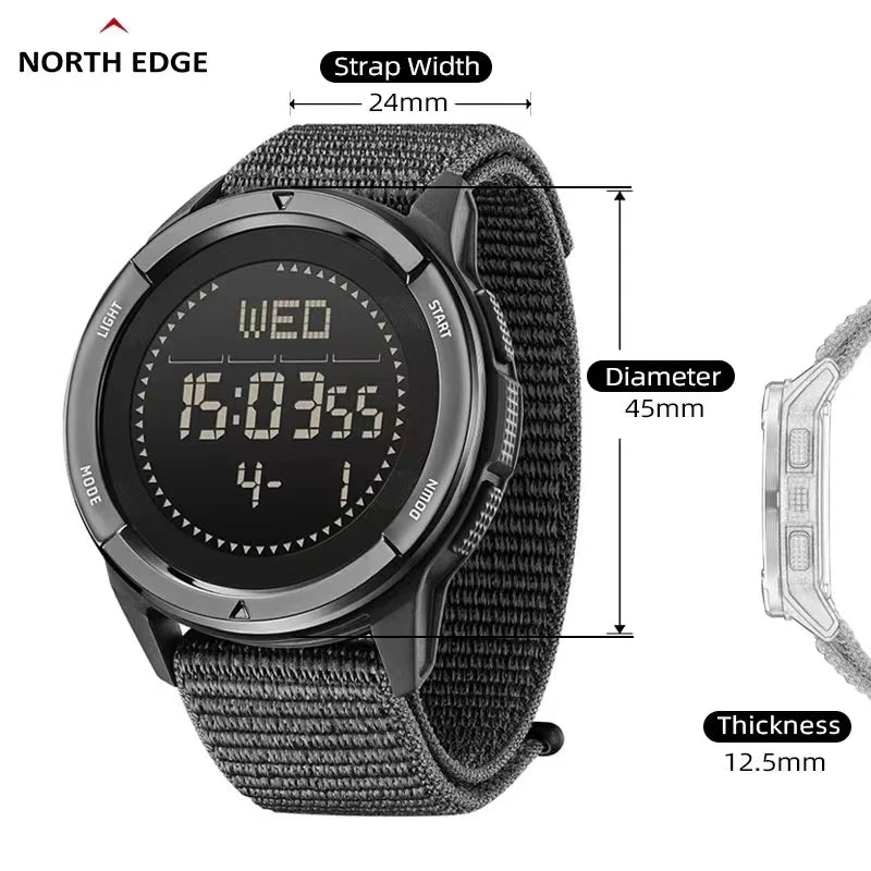 Relógio Digital Masculino NORTH EDGE ALPS 45MM Esportes ao ar livre, Natação, Bússola Caixa de fibra de carbono à prova d'água, Pulseira de nylon, WR50M