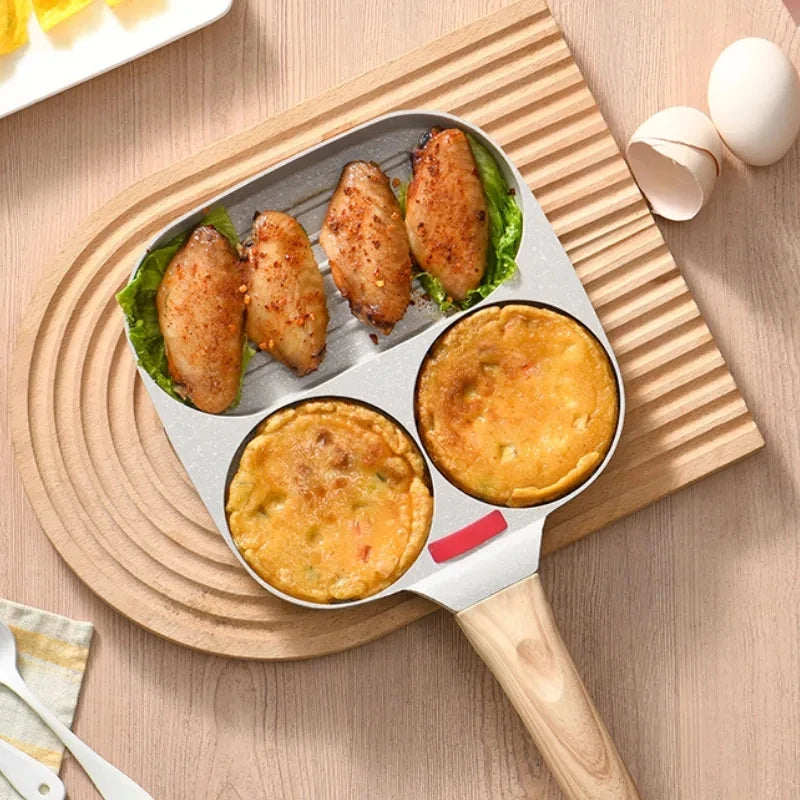 Frigideira para ovos fritos com 3 e 4 furos, superfície antiaderente, muito prático e fácil de limpar