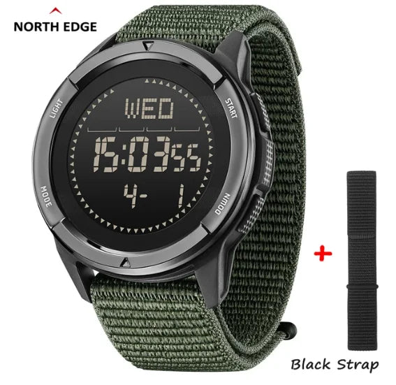 Relógio Digital Masculino NORTH EDGE ALPS 45MM Esportes ao ar livre, Natação, Bússola Caixa de fibra de carbono à prova d'água, Pulseira de nylon, WR50M