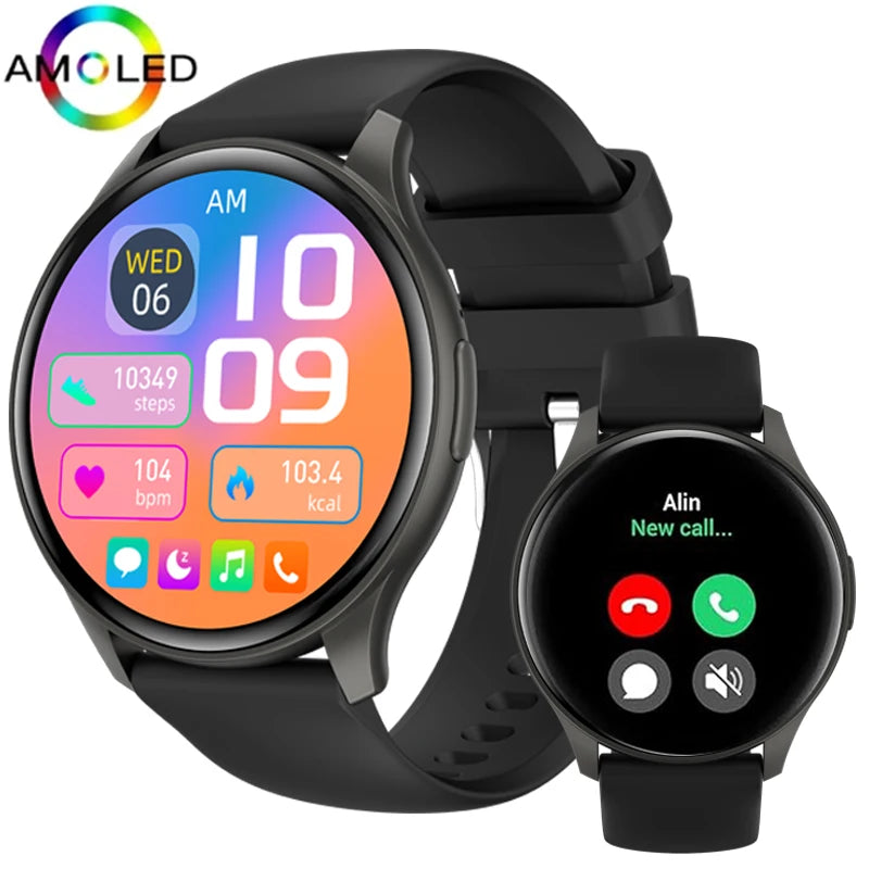 Relógio inteligente Feminino AMOLED HD,rastreador de saúde, chamadas Bluetooth, 300mAh, tela sempre mostra as horas