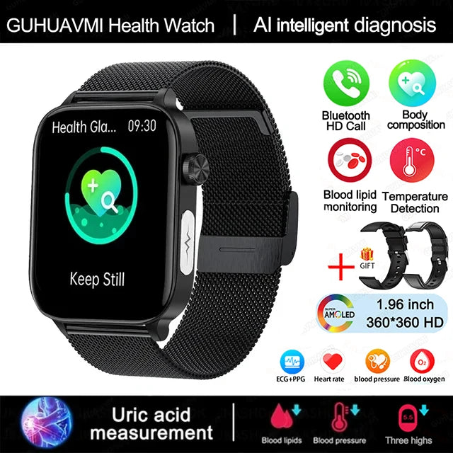 Relógio Inteligente Feminino com chamada Bluetooth, ECG+PPG, Pressão Arterial, Monitor Cardíaco, 380mAH para Android e iOS