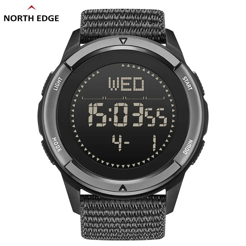 Relógio Digital Masculino NORTH EDGE ALPS 45MM Esportes ao ar livre, Natação, Bússola Caixa de fibra de carbono à prova d'água, Pulseira de nylon, WR50M