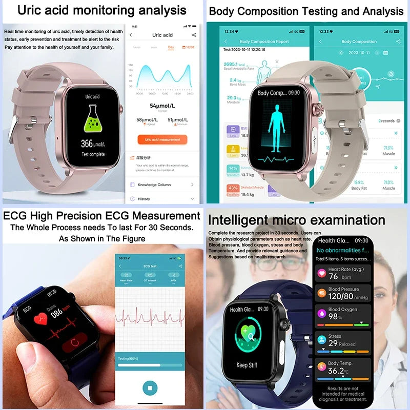 Relógio Inteligente Feminino com chamada Bluetooth, ECG+PPG, Pressão Arterial, Monitor Cardíaco, 380mAH para Android e iOS