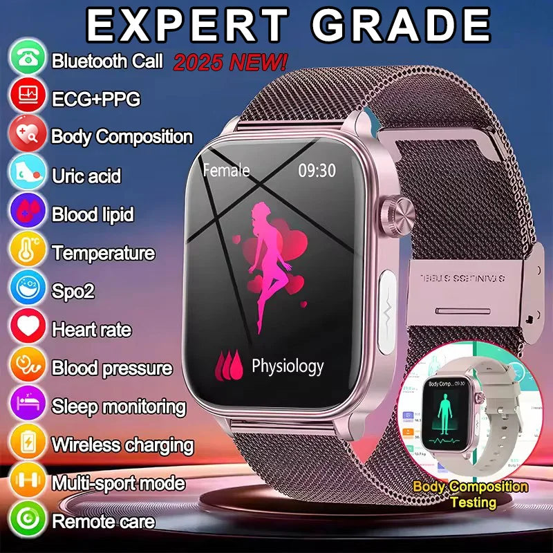 Relógio Inteligente Feminino com chamada Bluetooth, ECG+PPG, Pressão Arterial, Monitor Cardíaco, 380mAH para Android e iOS