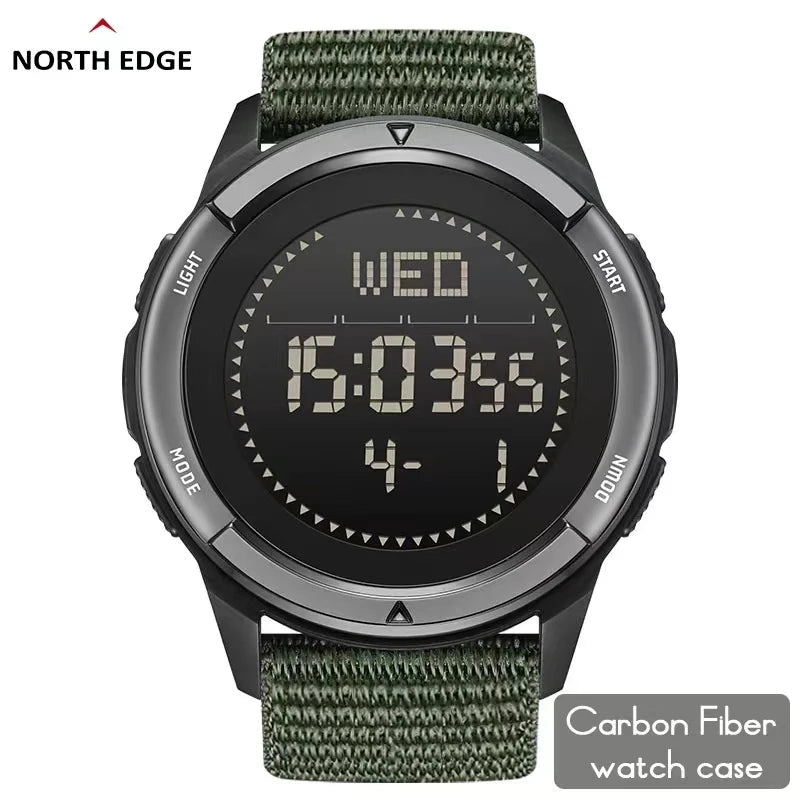 Relógio Digital Masculino NORTH EDGE ALPS 45MM Esportes ao ar livre, Natação, Bússola Caixa de fibra de carbono à prova d'água, Pulseira de nylon, WR50M