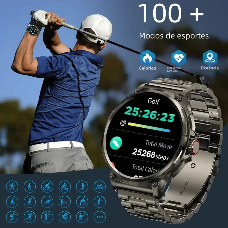 Relógio Inteligente Masculino com chamada Bluetooth 710mAh, Monitor Cardíaco HD de 1.85" à prova D'água para Android e IOS