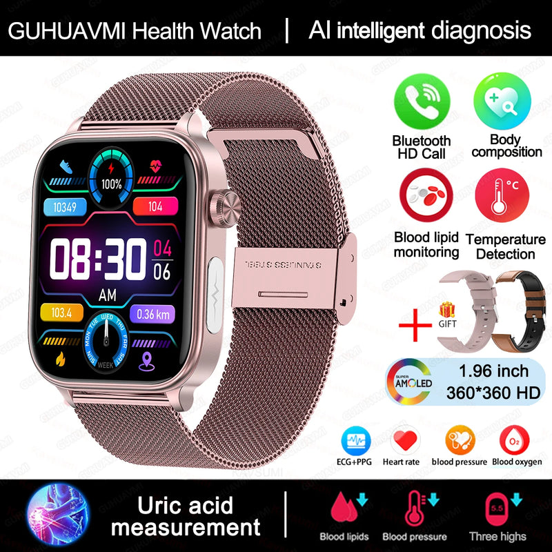Relógio Inteligente Feminino com chamada Bluetooth, ECG+PPG, Pressão Arterial, Monitor Cardíaco, 380mAH para Android e iOS