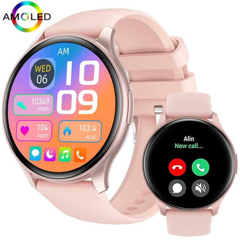 Relógio inteligente Feminino AMOLED HD,rastreador de saúde, chamadas Bluetooth, 300mAh, tela sempre mostra as horas