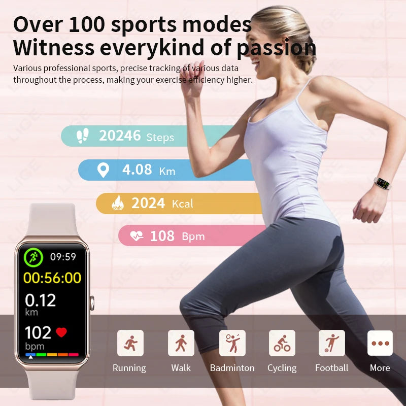 Relógio Inteligente Feminino LIGE HD de 1,47” com Pulseira Esportiva, Fitness, Monitor de Saúde, à Prova D'água para Android e iOS