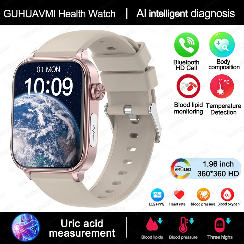 Relógio Inteligente Feminino com chamada Bluetooth, ECG+PPG, Pressão Arterial, Monitor Cardíaco, 380mAH para Android e iOS