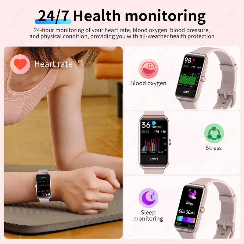 Relógio Inteligente Feminino LIGE HD de 1,47” com Pulseira Esportiva, Fitness, Monitor de Saúde, à Prova D'água para Android e iOS