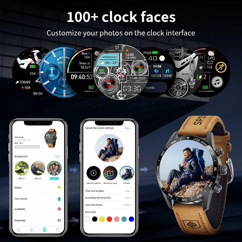 Relógio Inteligente Masculino Militar LIGE com GPS Tela AMOLED HD, Monitor de Frequência Cardíaca, chamada Bluetooth, à prova D' água para atividades ao Ar Livre