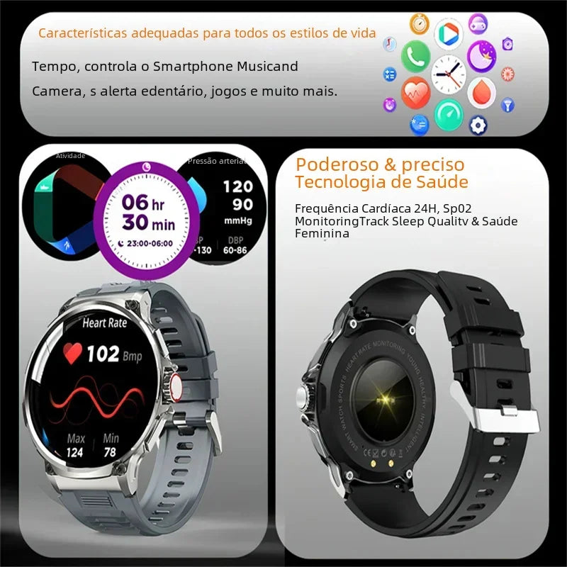 Relógio Inteligente Masculino com chamada Bluetooth 710mAh, Monitor Cardíaco HD de 1.85" à prova D'água para Android e IOS