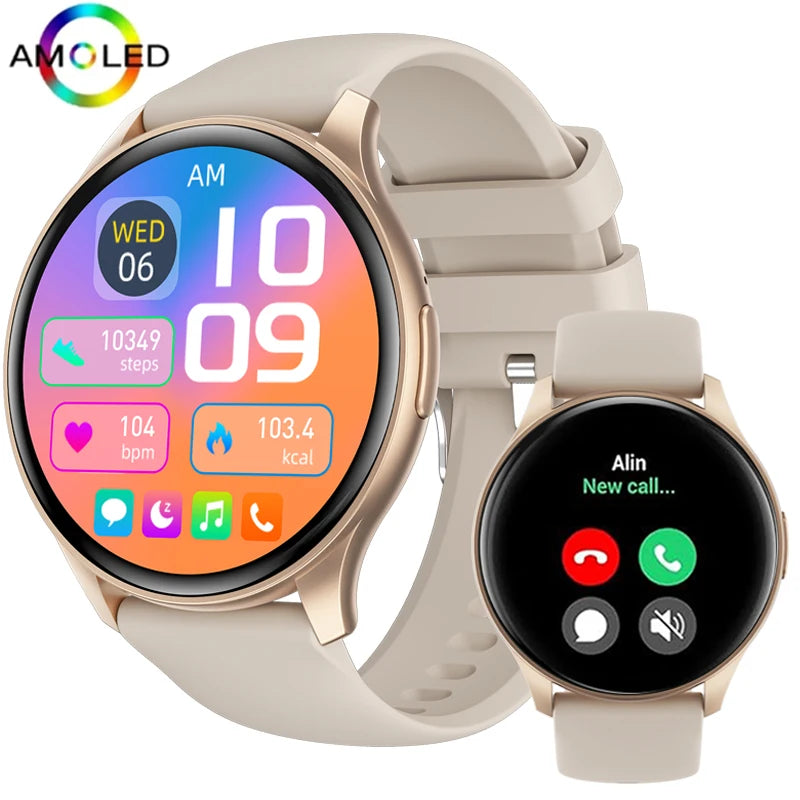Relógio inteligente Feminino AMOLED HD,rastreador de saúde, chamadas Bluetooth, 300mAh, tela sempre mostra as horas
