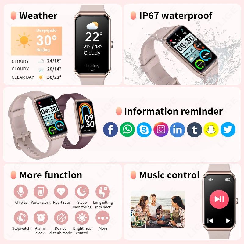 Relógio Inteligente Feminino LIGE HD de 1,47” com Pulseira Esportiva, Fitness, Monitor de Saúde, à Prova D'água para Android e iOS