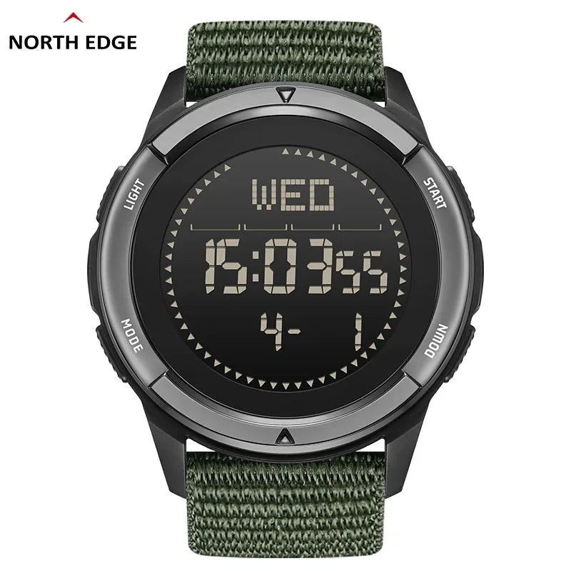 Relógio Digital Masculino NORTH EDGE ALPS 45MM Esportes ao ar livre, Natação, Bússola Caixa de fibra de carbono à prova d'água, Pulseira de nylon, WR50M