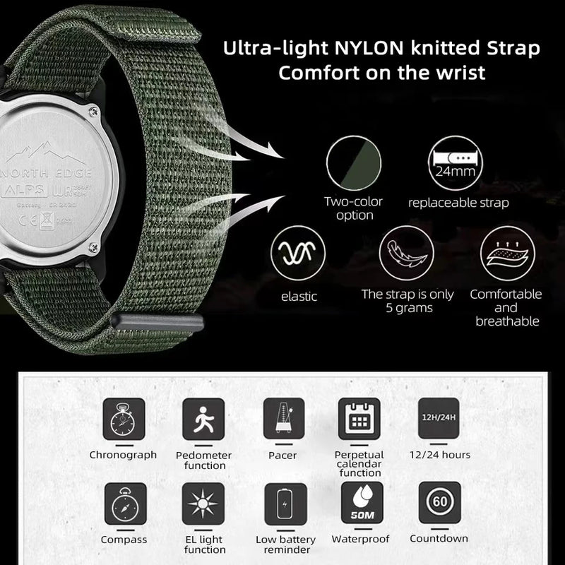 Relógio Digital Masculino NORTH EDGE ALPS 45MM Esportes ao ar livre, Natação, Bússola Caixa de fibra de carbono à prova d'água, Pulseira de nylon, WR50M