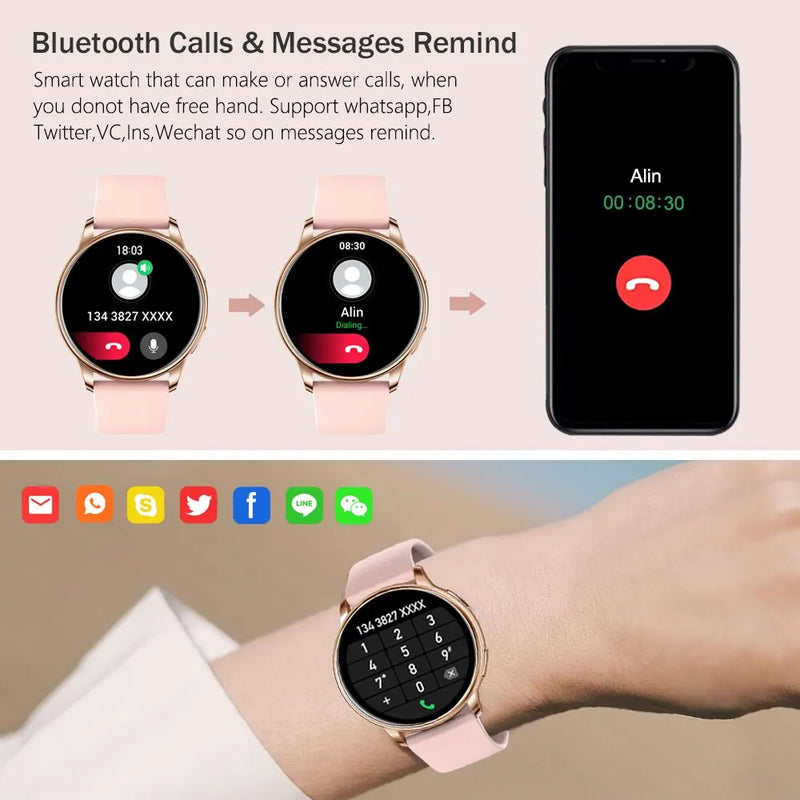 Relógio Inteligente Feminino MEVADEN com chamada Bluetooth, mostrador personalizado, rastreador de Frequência Cardíaca, para Android e iOS
